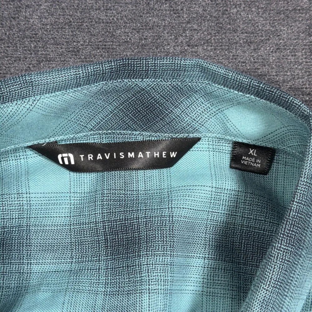TravisMathew Cloud Flannel Button Up Shirt Mens XL Teal Plaid Long Sleeve Golf